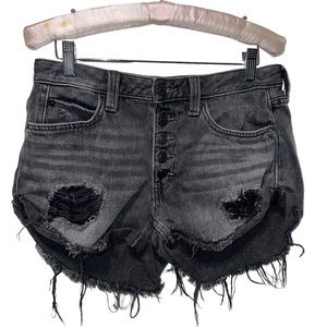WE THE FREE Black Distressed Button Fly Cut Off Shorts Boho Beach Size 25